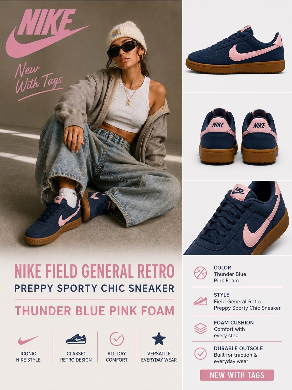 Nike Field General Retro Preppy Sporty Chic Sneaker Thunder Blue Pink Foam NWT